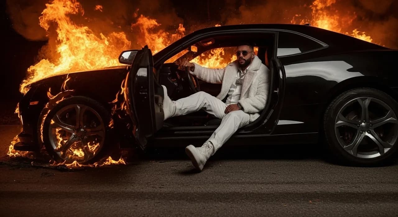 Cinematic Low-Angle Shot with Burning Car