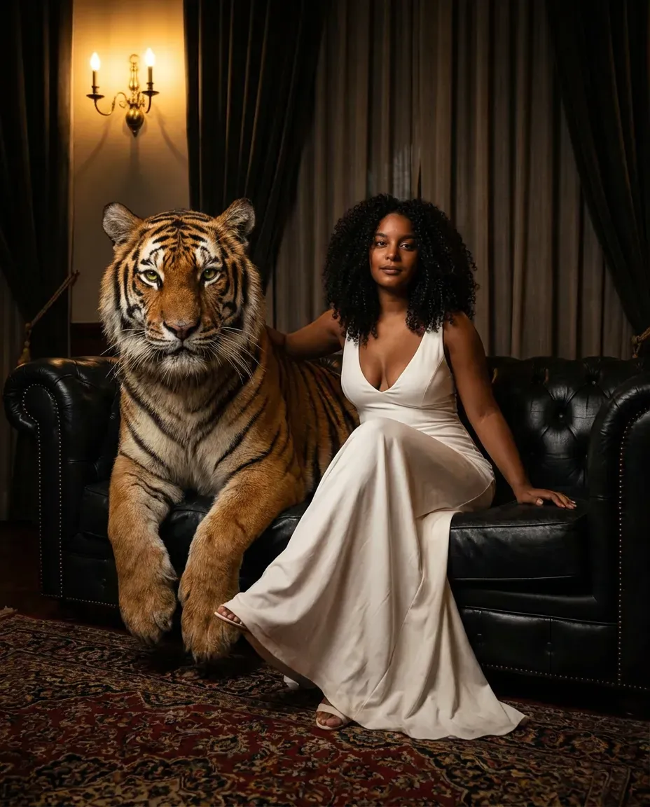 Cinematic Editorial Portrait with Tiger in Opulent Interior