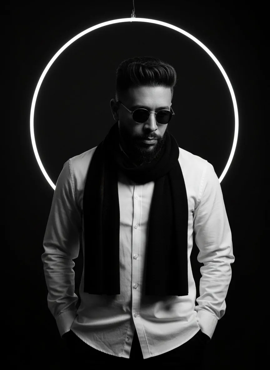 Black and White Neon Editorial Portrait With Dramatic Studio Lighting
