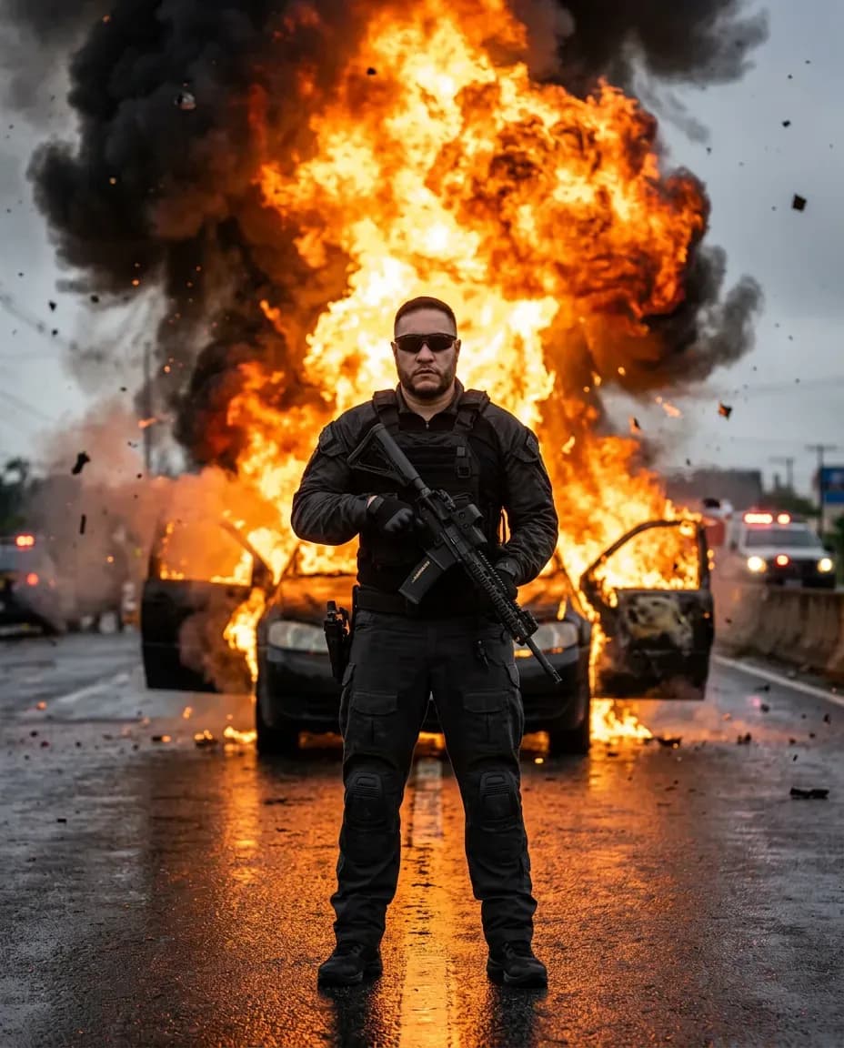 Cinematic Full-Body Portrait Against Massive Car Explosion