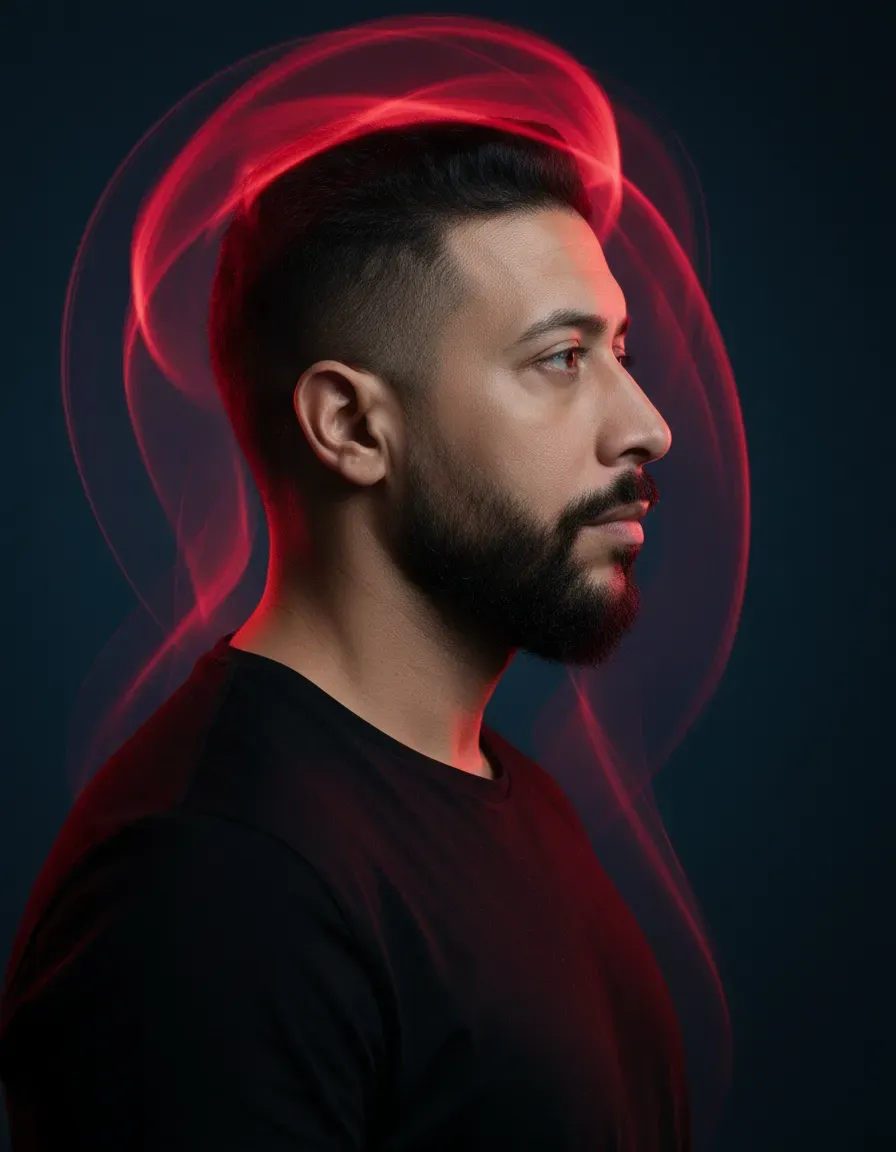 Cinematic Studio Portrait with Red Rim Light and Blue Backdrop