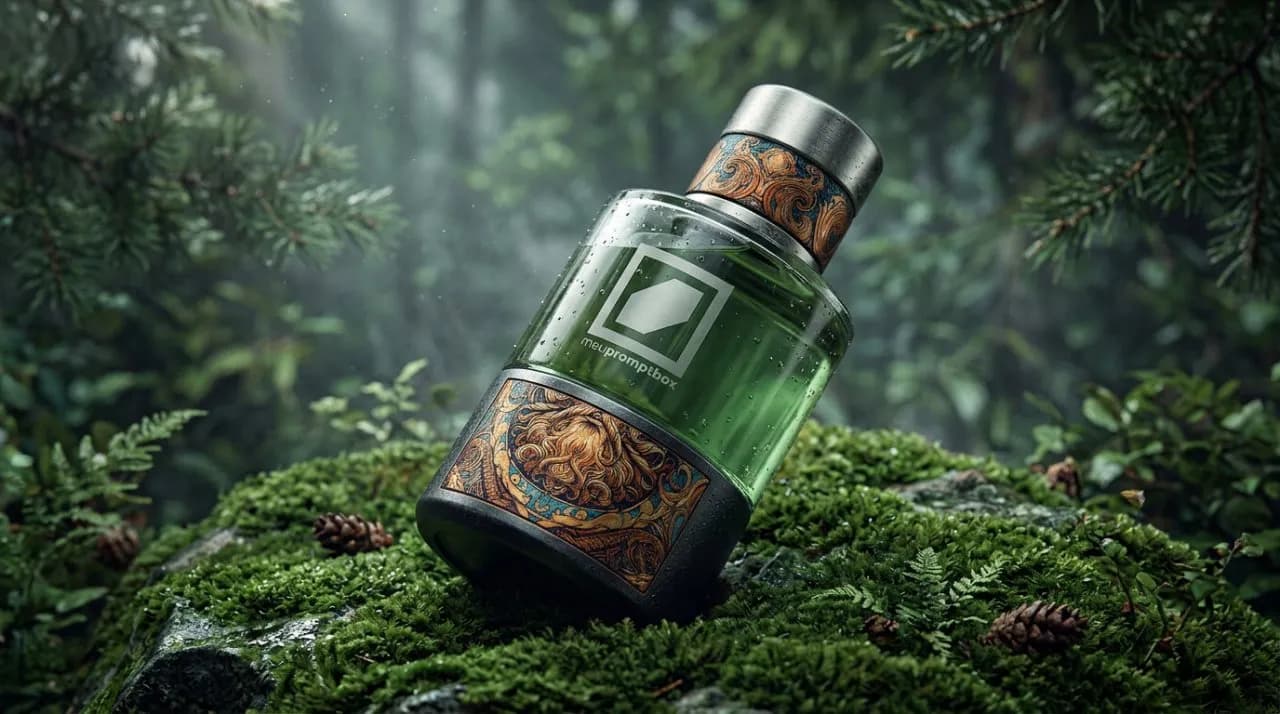 Cinematic Forest Macro Product Photography of Fragrance Bottle
