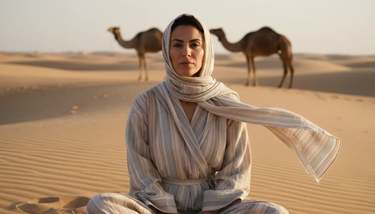 Desert Portrait of a Woman in Layered Robes with Camels