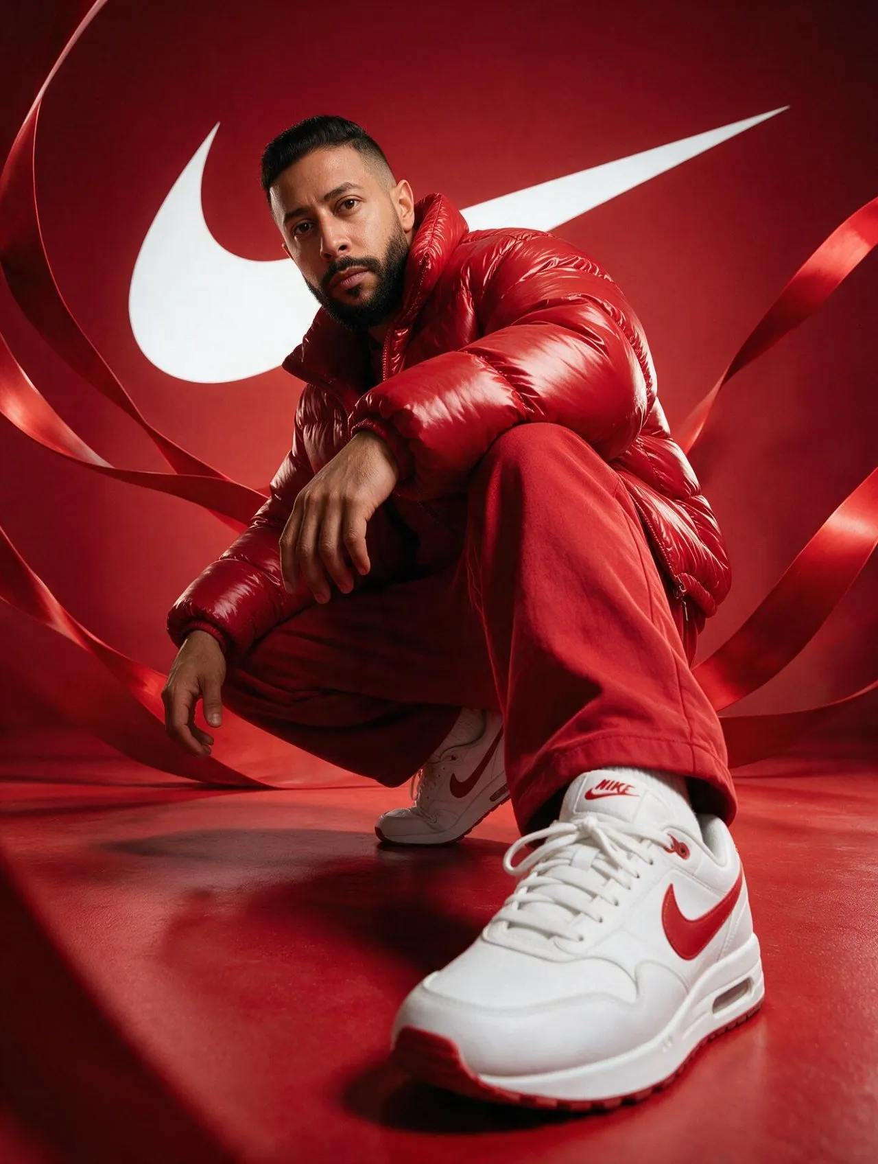 Hyper-Real Red Monochrome Streetwear Campaign Photography