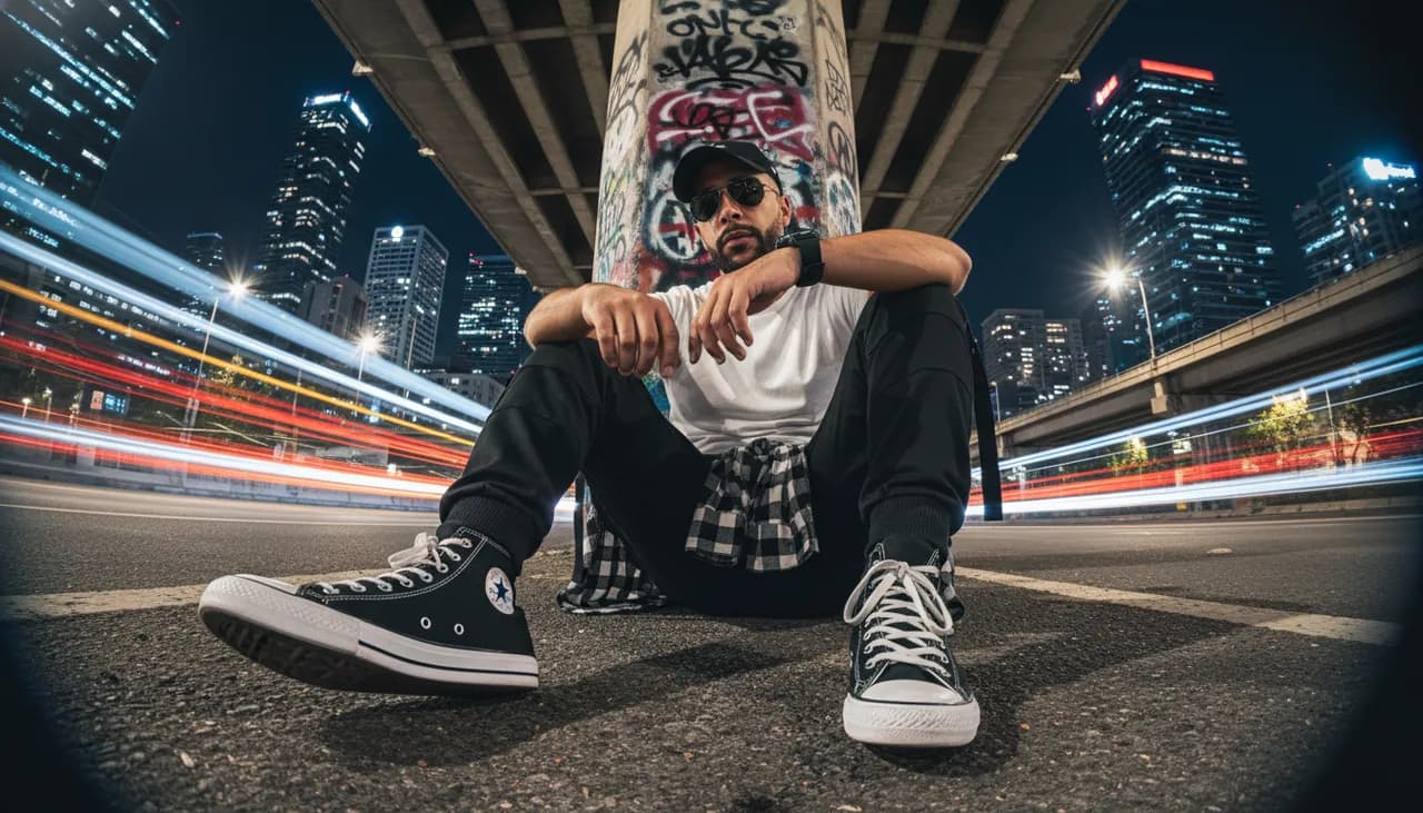 Ultra-Realistic Urban Night Street Portrait with Fisheye Perspective