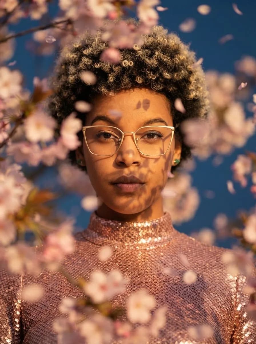 Cinematic Blossom Close-Up Fashion Portrait in Golden Hour