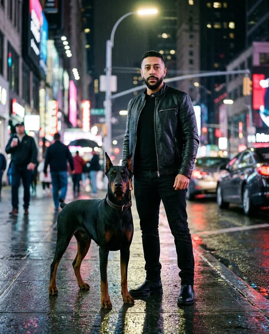 Cinematic Urban Night Portrait with Dobermann, Photorealistic