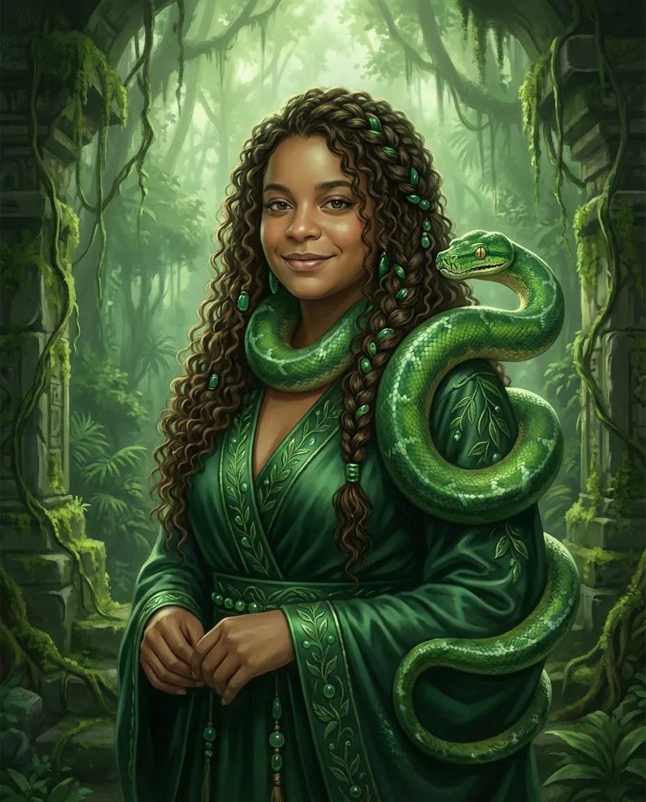 Cinematic Jungle Priestess Portrait, Photorealistic Green Palette