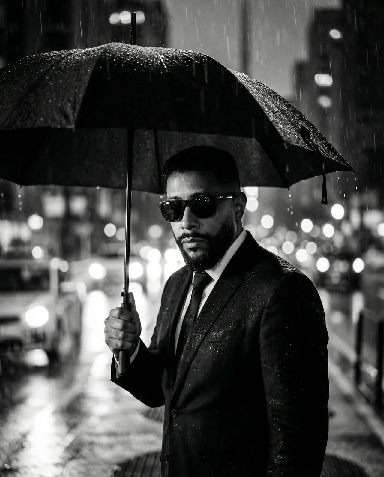 Cinematic Noir Man in Rain Umbrella Template
