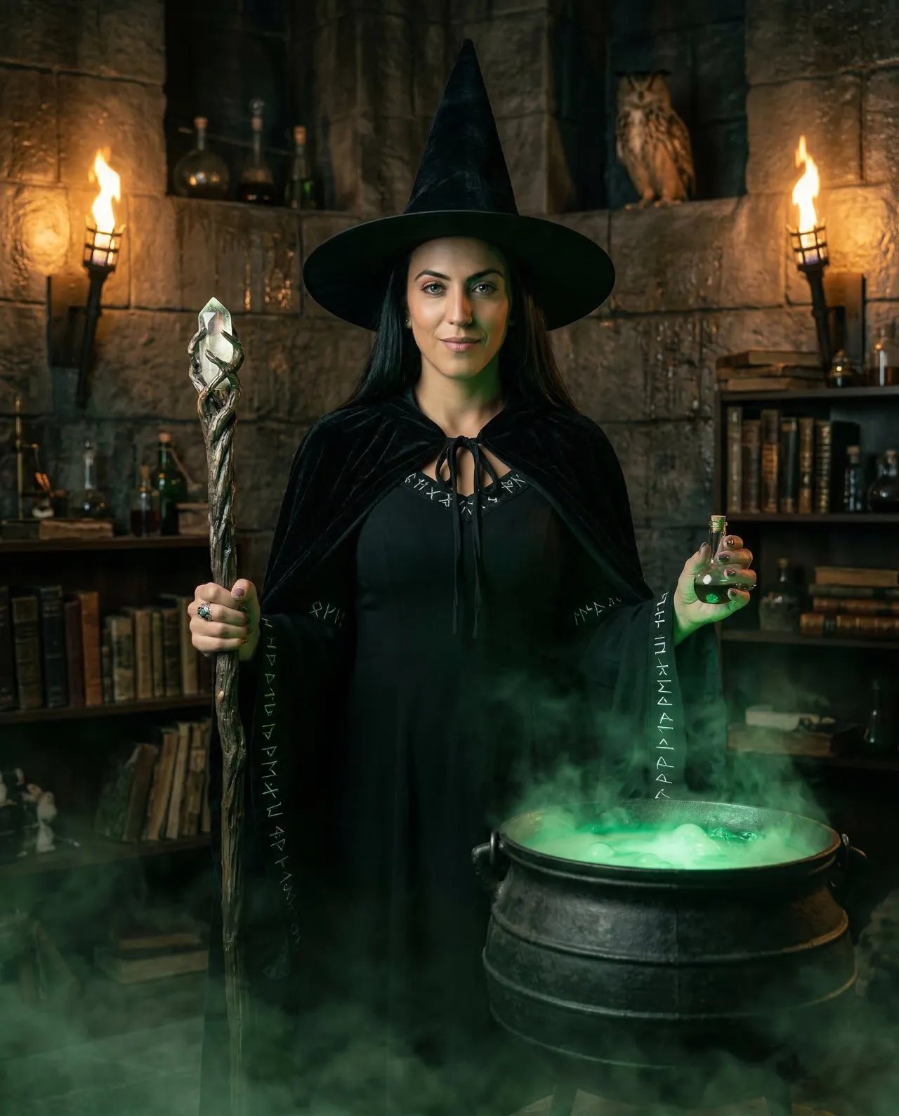 Photorealistic Gothic Witch Full-Body Portrait in Castle