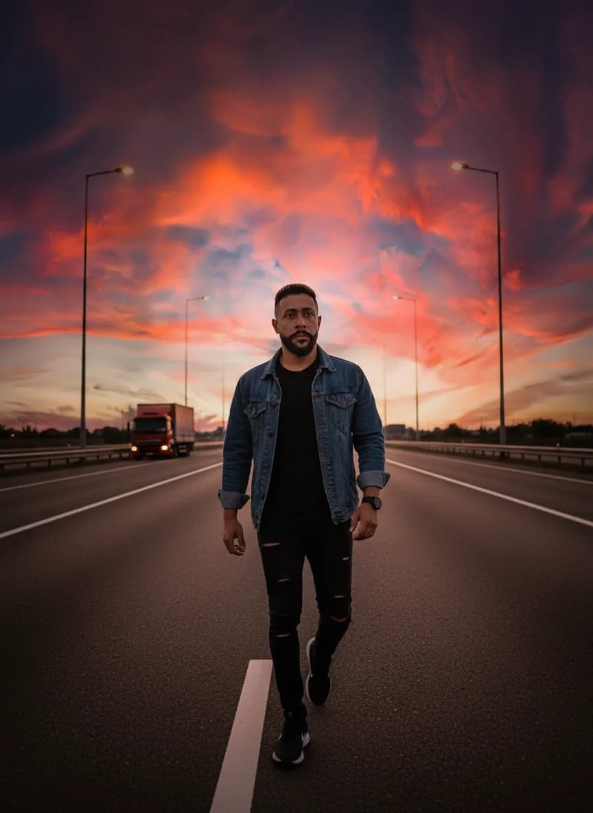 Cinematic Highway Sunrise Portrait of Indonesian Man