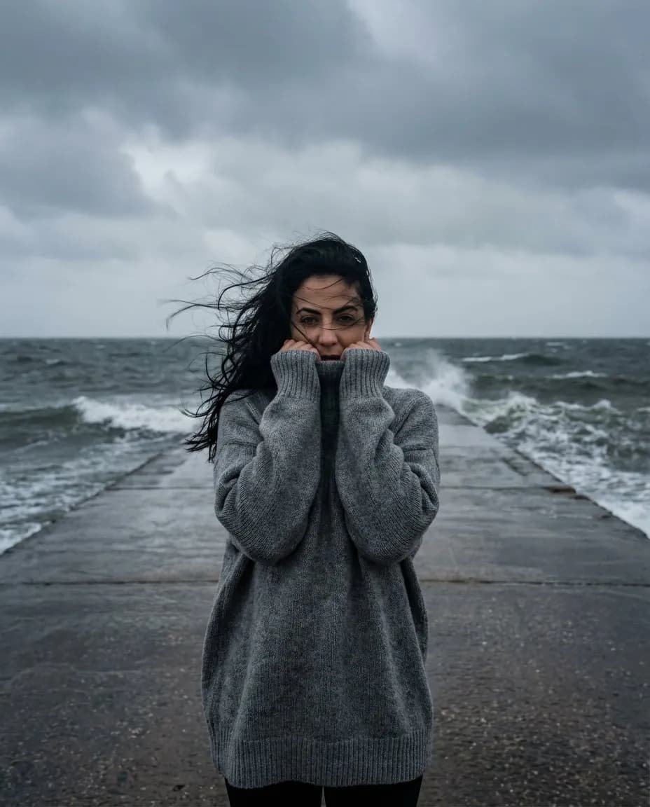 Cinematic Storm Pier Portrait, Moody Overcast Seaside Photography