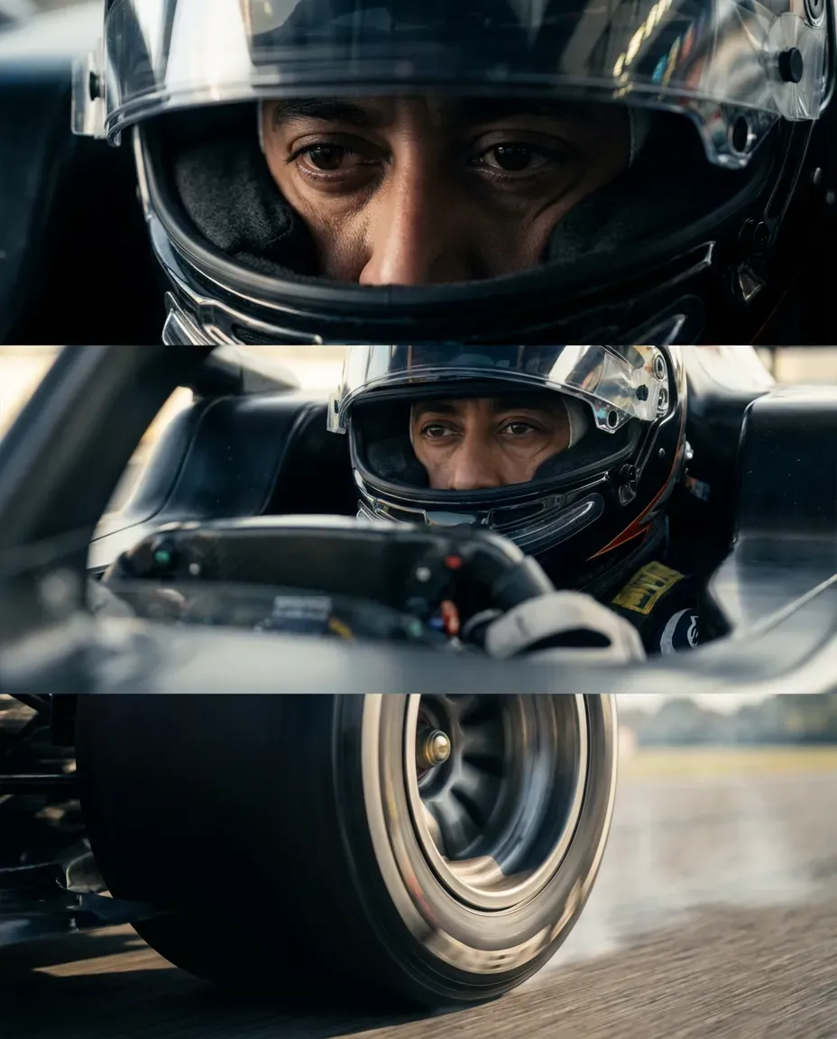 Cinematic Racing Triptych with Intense Close-Ups