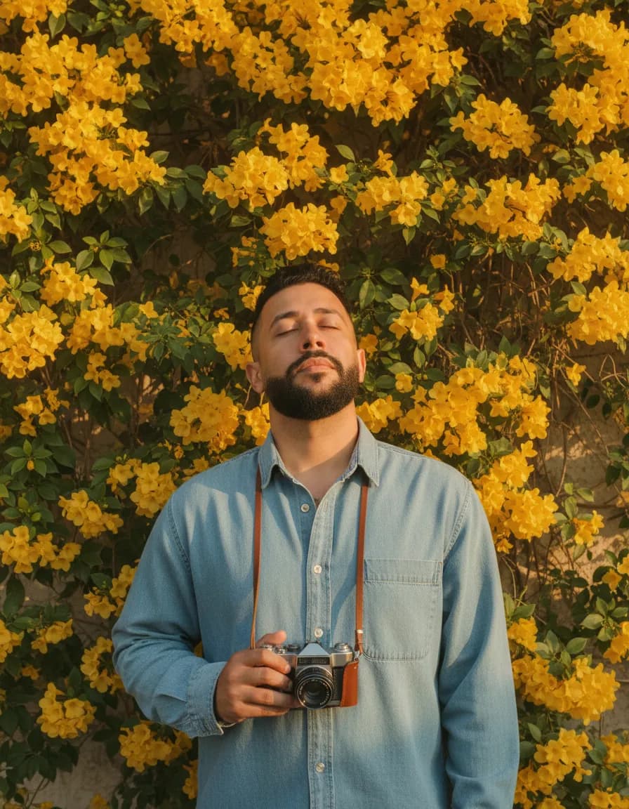 35mm Film Editorial Portrait with Floral Wall Backdrop