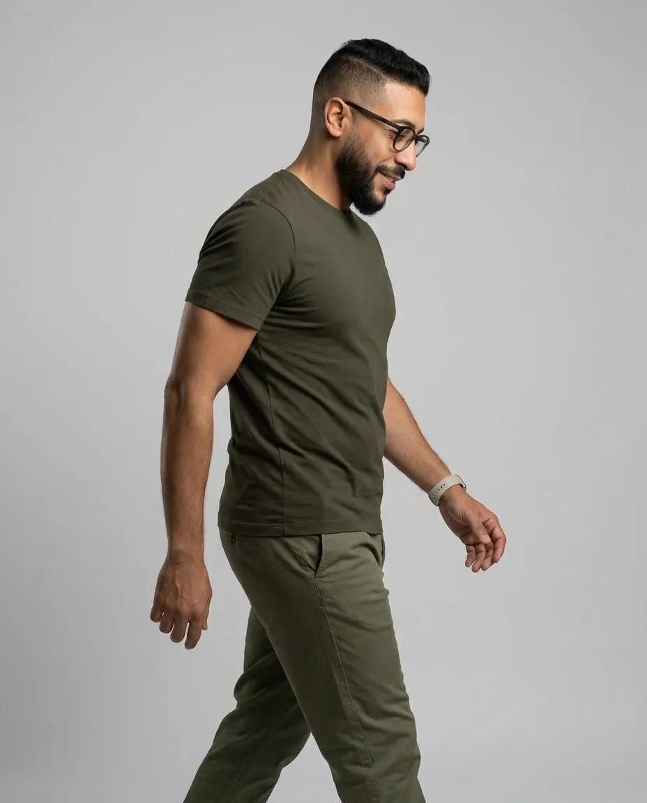 Studio Profile Walking Portrait, Minimal Olive Editorial Photography