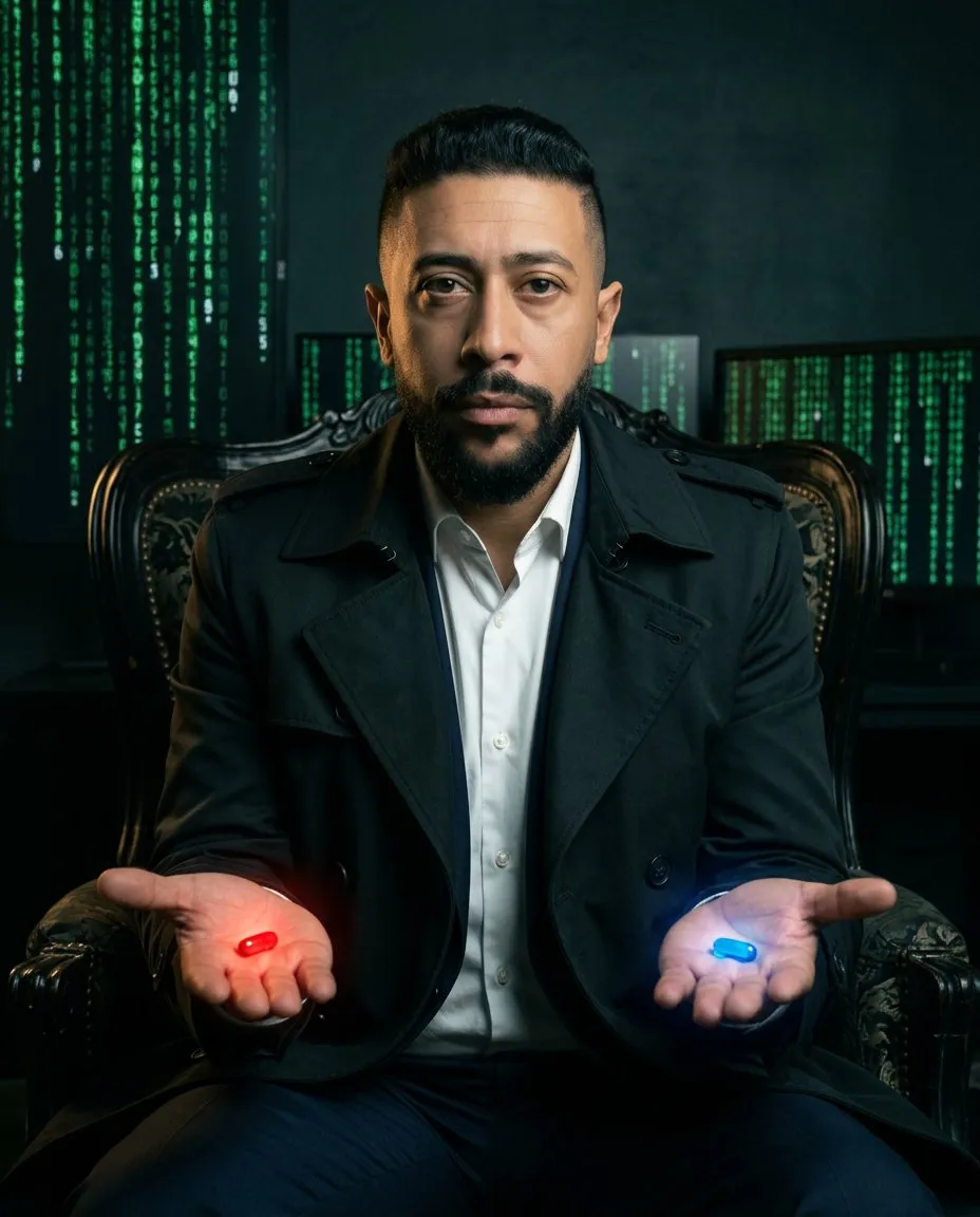 Cinematic Cyberpunk Portrait with Green Code and Dramatic Shadows