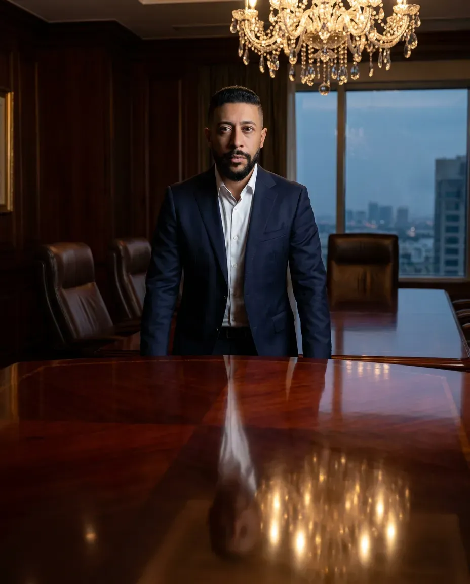 Cinematic Executive Portrait in Luxurious Boardroom Lighting