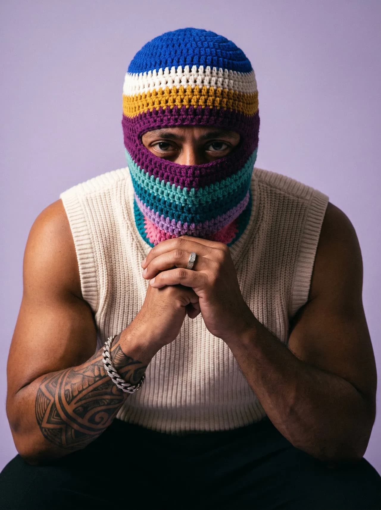Moody Editorial Portrait of Masked Male Model in Crochet Balaclava
