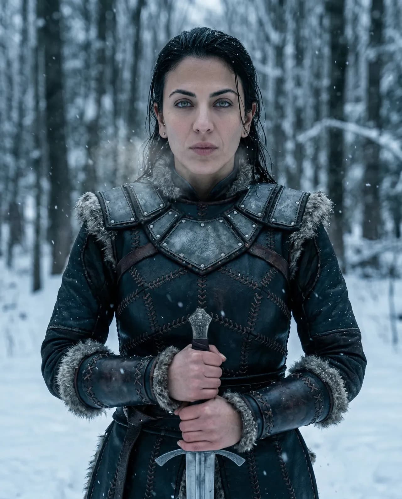 Cinematic Snowbound Portrait of Female Warrior, Dark Armor