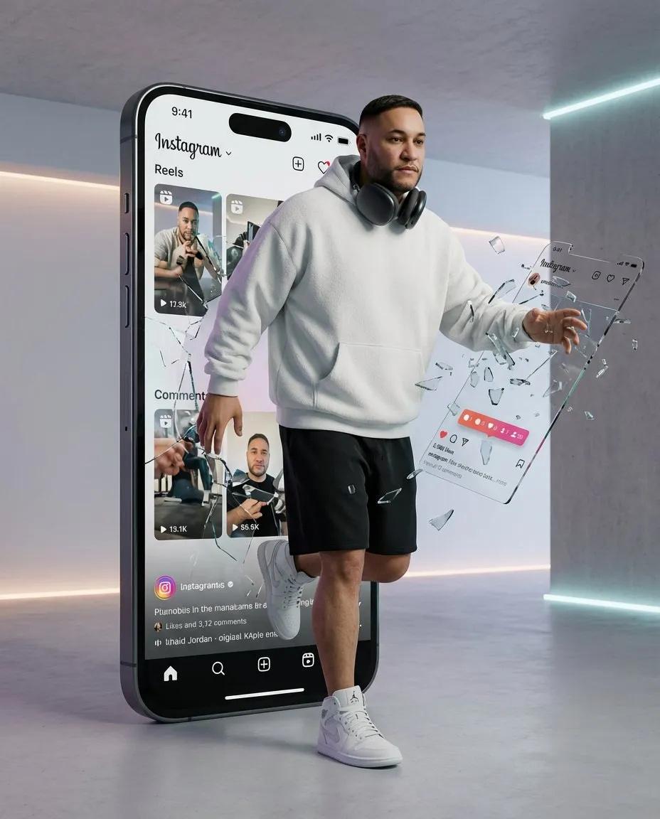 Cinematic Photoreal Portrait Emerging from Social App Feed