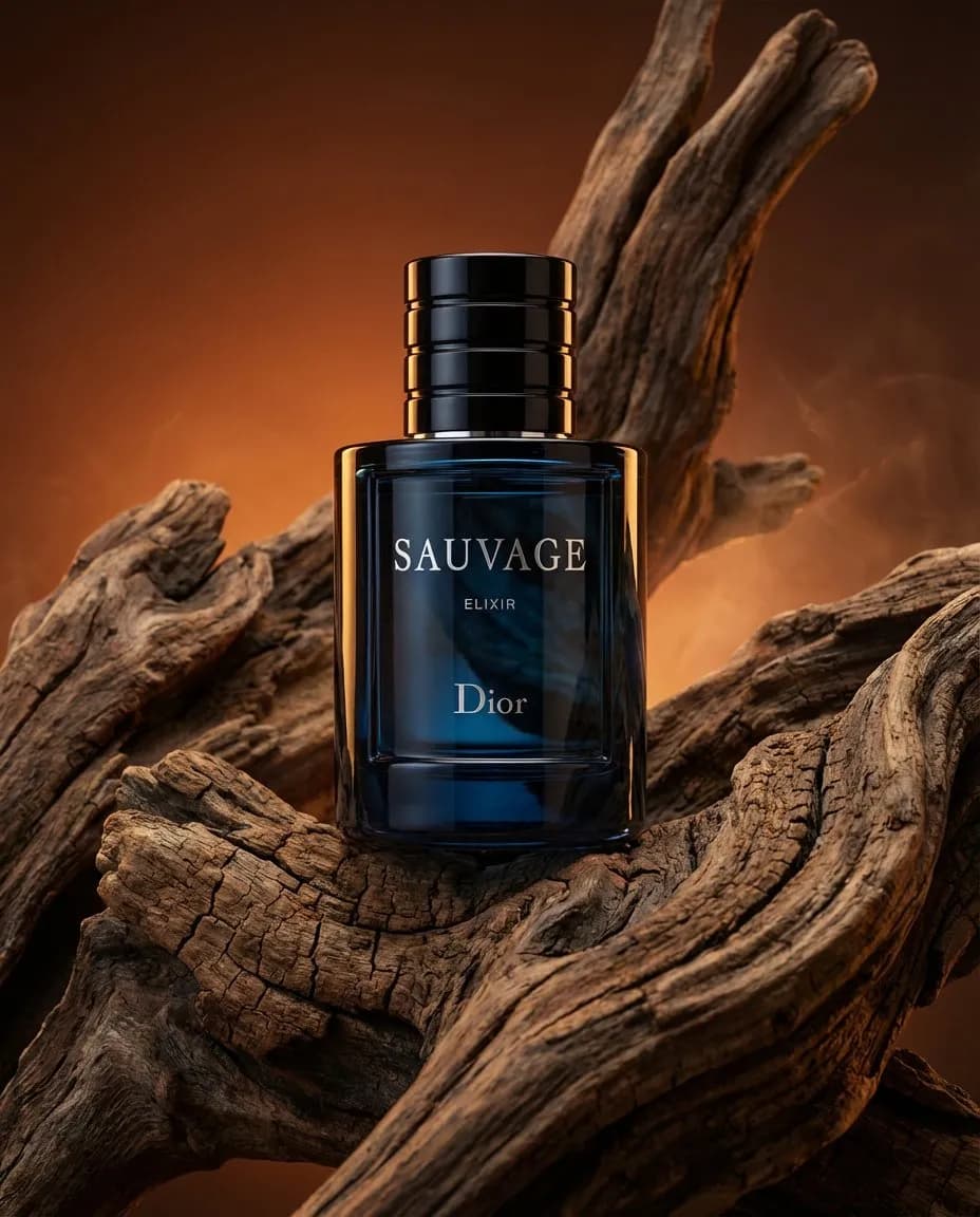 Luxury Fragrance Advertising Scene with Sculptural Wood Accents