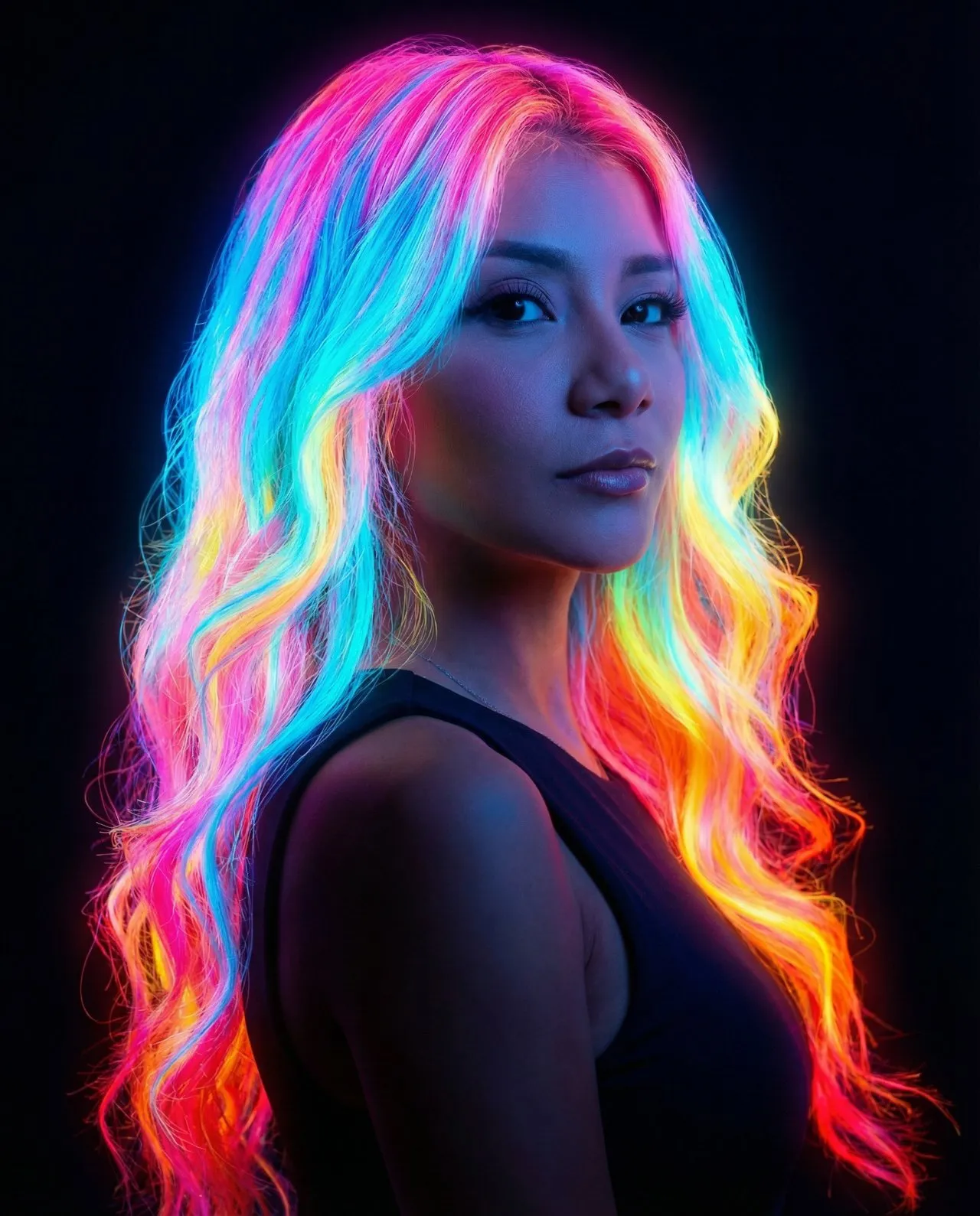 Neon Vaporwave Portrait with Rainbow-Glowing Wavy Hair