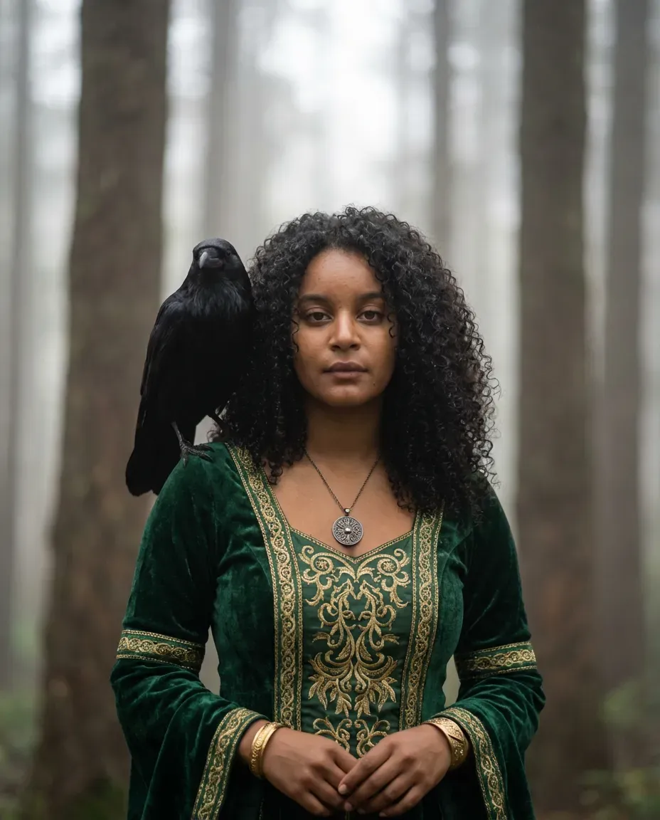 Cinematic Forest Portrait, Emerald Medieval Gown, Moody Realism