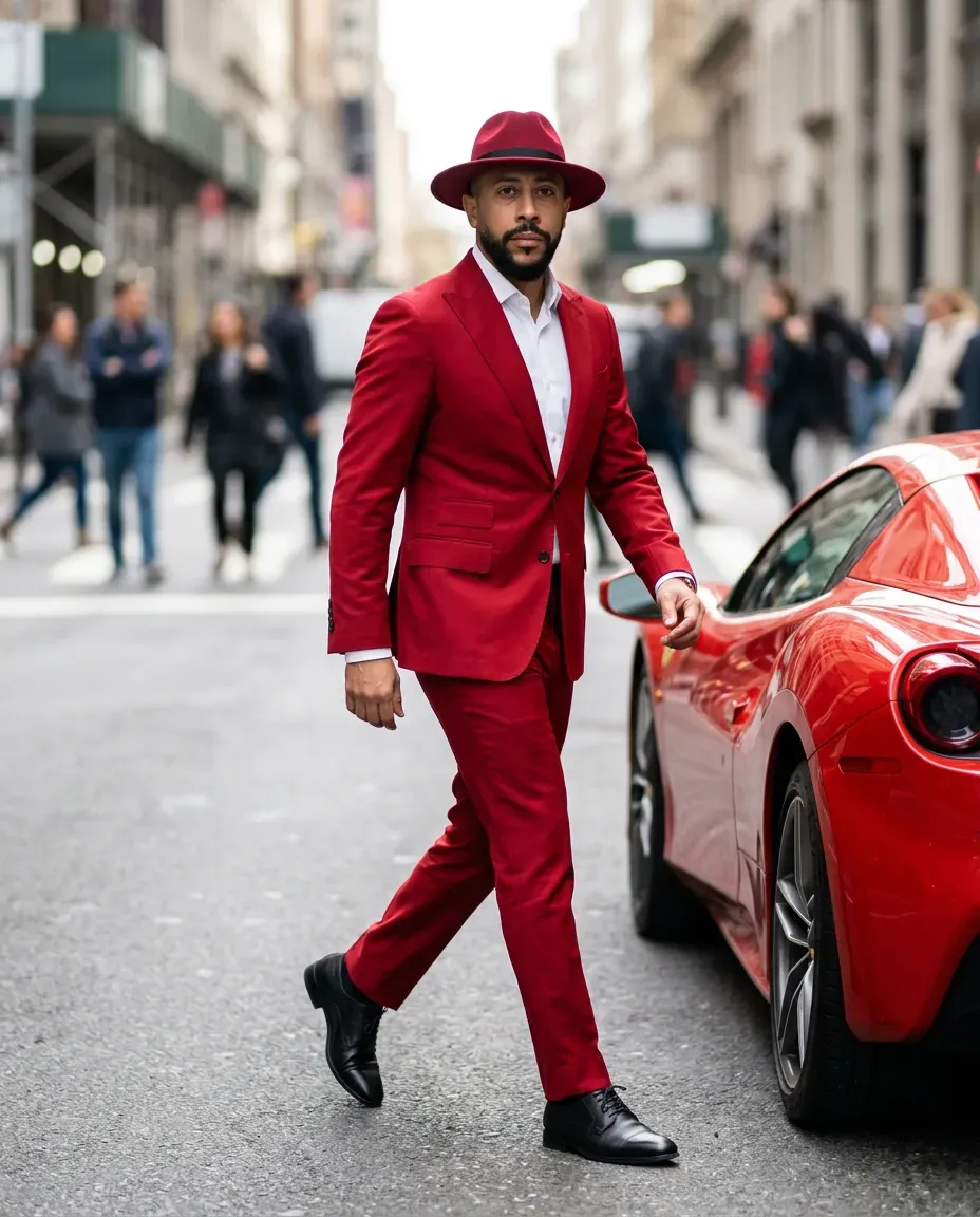 Cinematic High-Fashion Street Portrait Featuring Bold Colored Suit