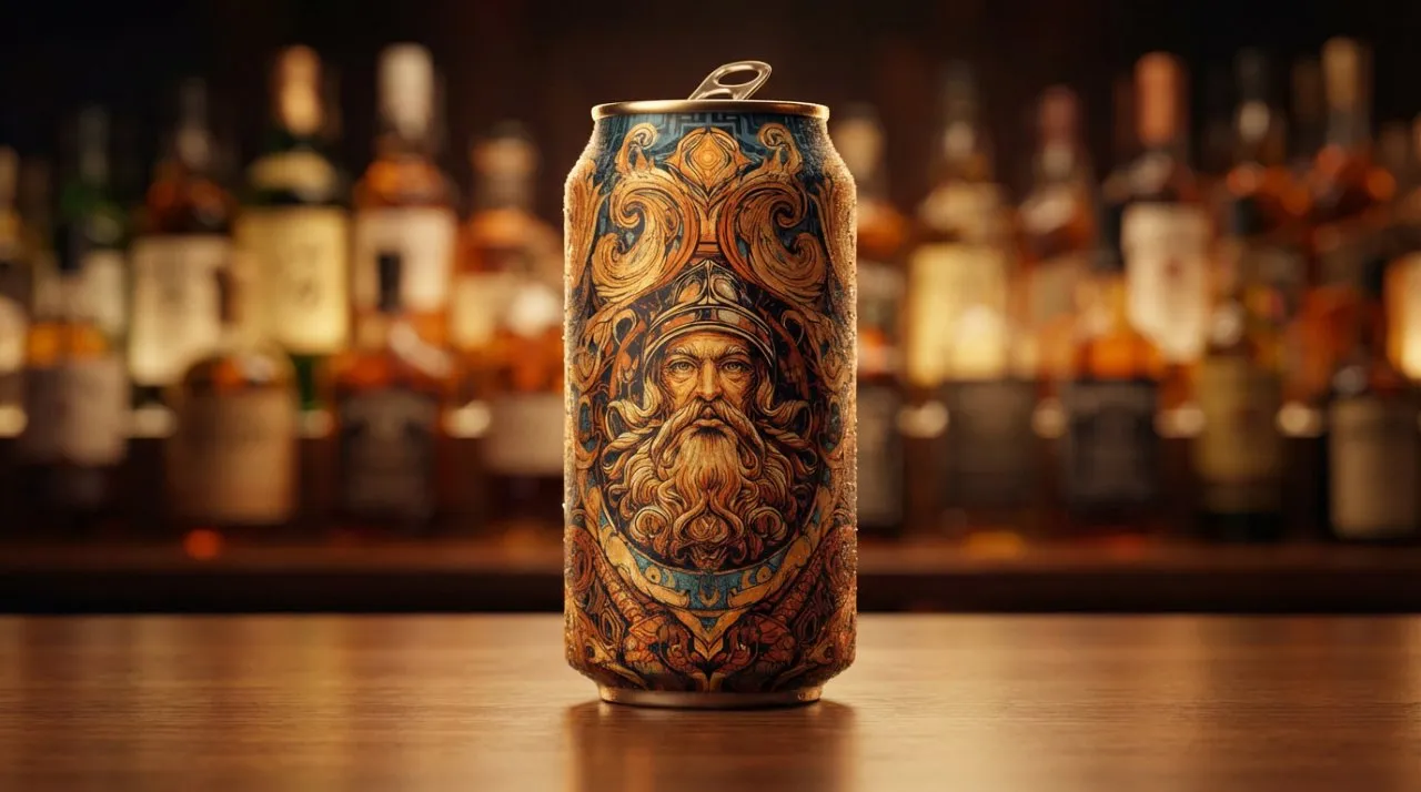Cinematic Luxury Beverage Can with Baroque Ornamental Illustration