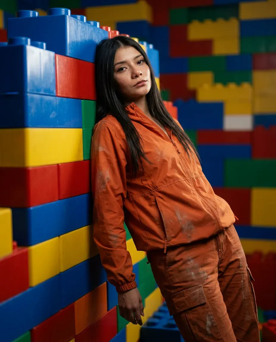 Cinematic Studio Portrait: Miniature Woman Among Giant Toy Blocks