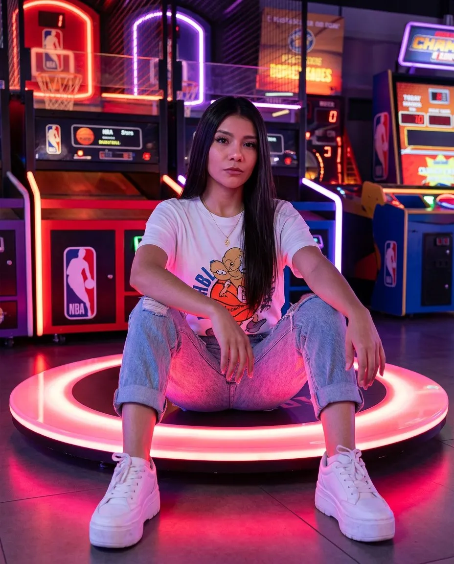 Neon Arcade Full-Body Portrait in Urban Streetwear Editorial