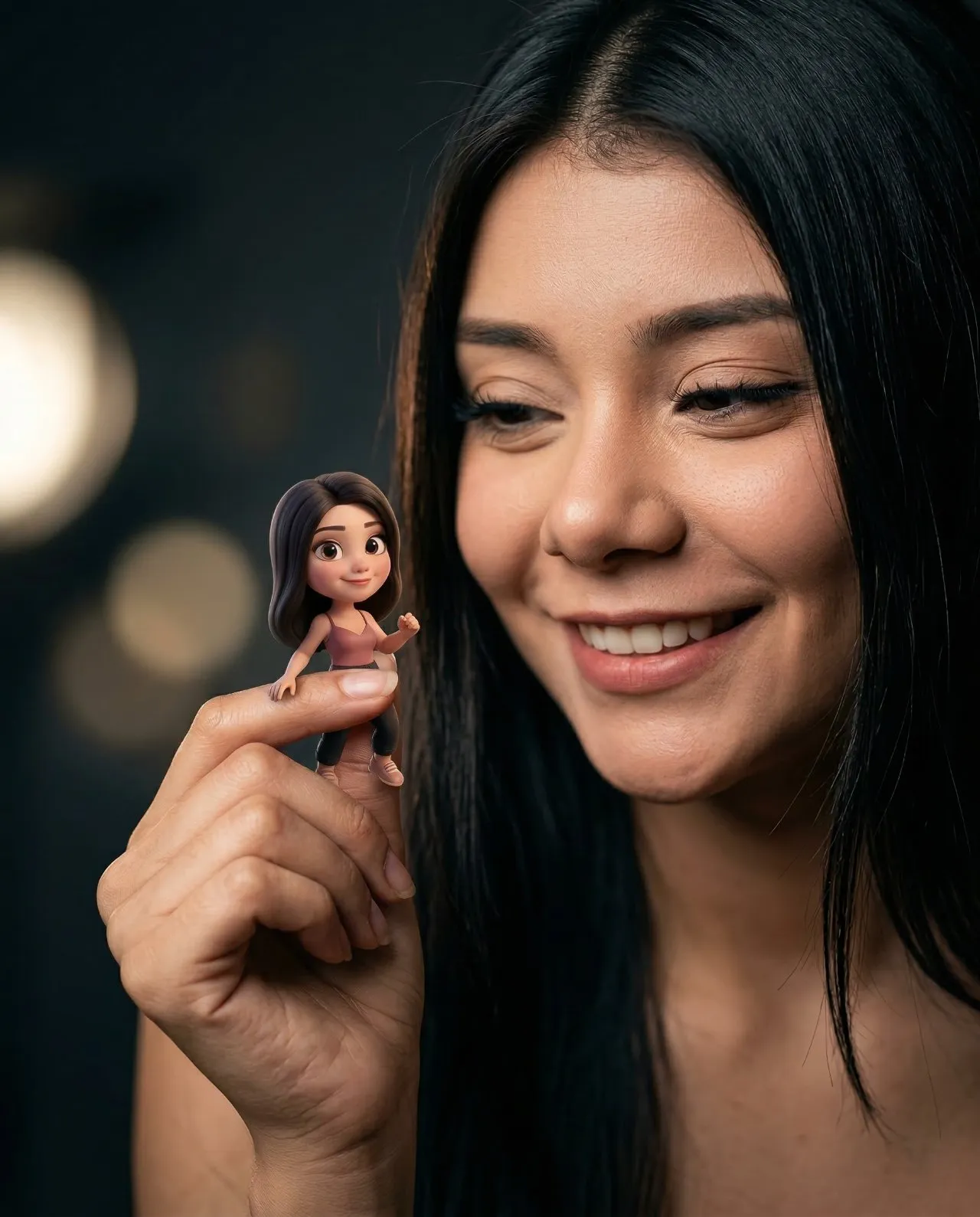 Cinematic Hyper-Real Portrait with Mini 3D Cartoon Replica - Imagem 1