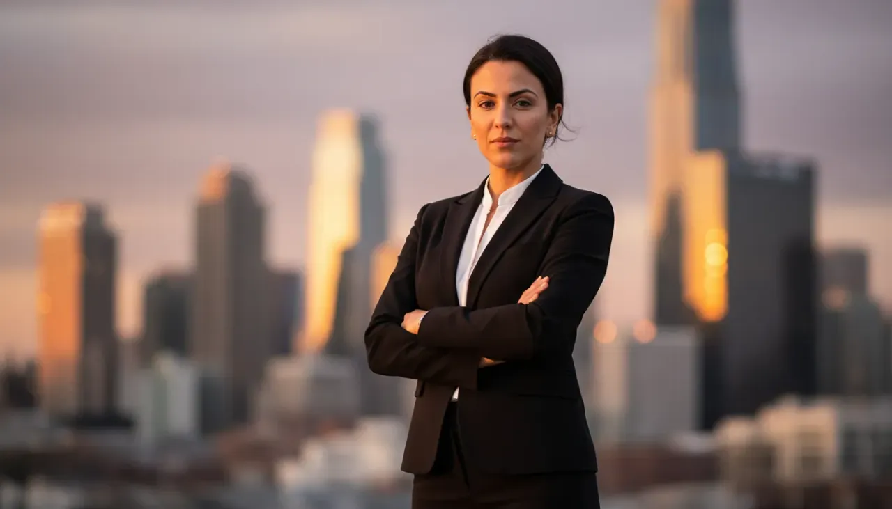 Golden Hour Executive Portrait with City Skyline