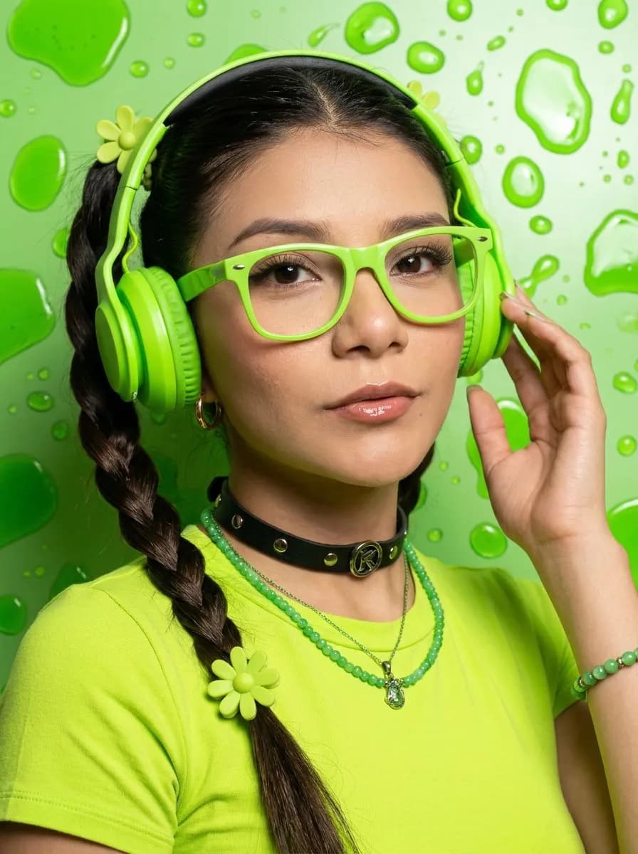 Neon Lime-Green Fashion Beauty Portrait, Photoreal Studio Shot