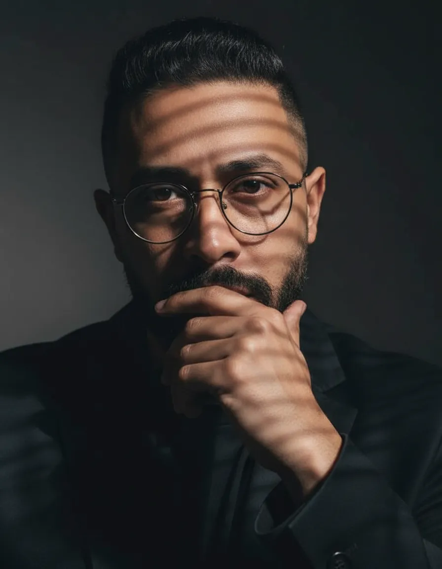 Cinematic Low-Key Portrait with Dramatic Shadow Stripes