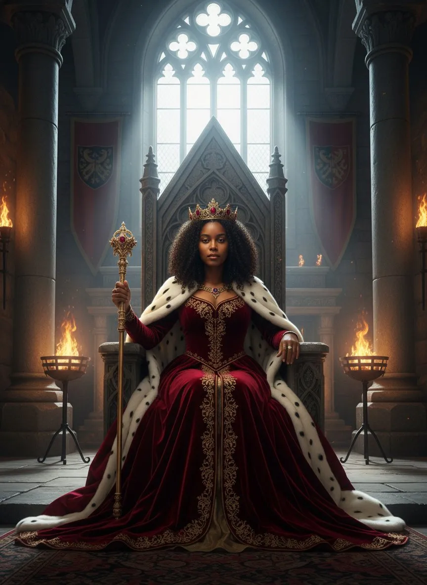 Medieval Queen Portrait on Stone Throne