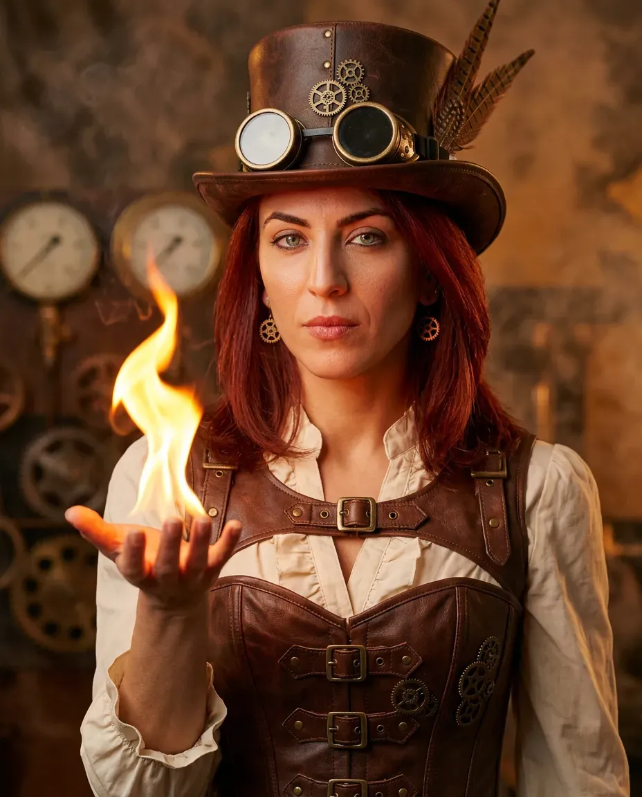 Cinematic Steampunk Portrait of a Flame-Wielding Redhead