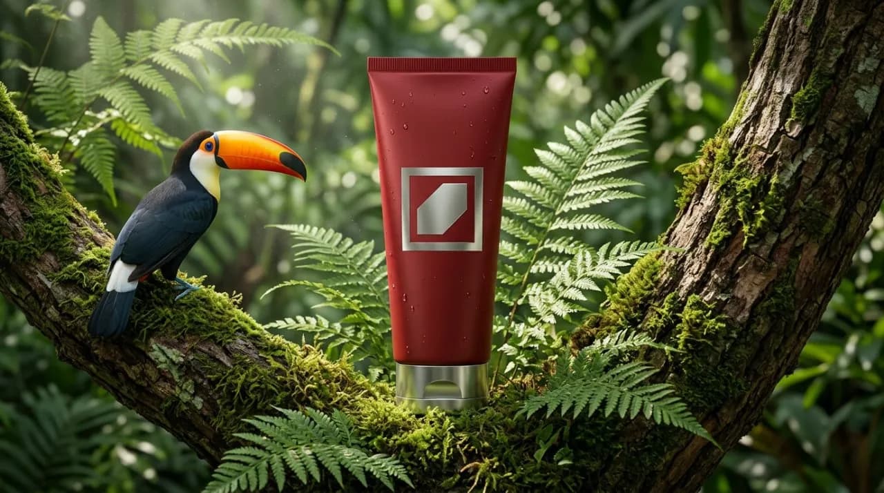 Cinematic Ultra-Realistic Skincare Product Photography in Rainforest