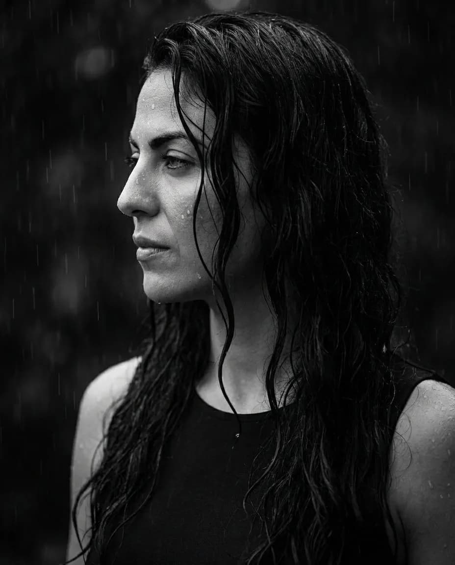 Cinematic Black-and-White Rain Portrait, Dramatic Close-Up Headshot