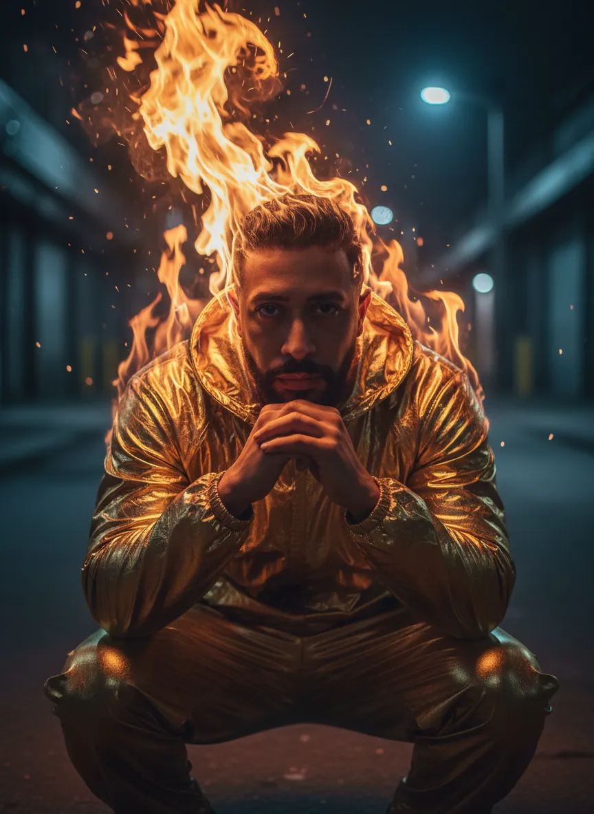 Fiery Gold-Hooded Hyperrealistic Portrait