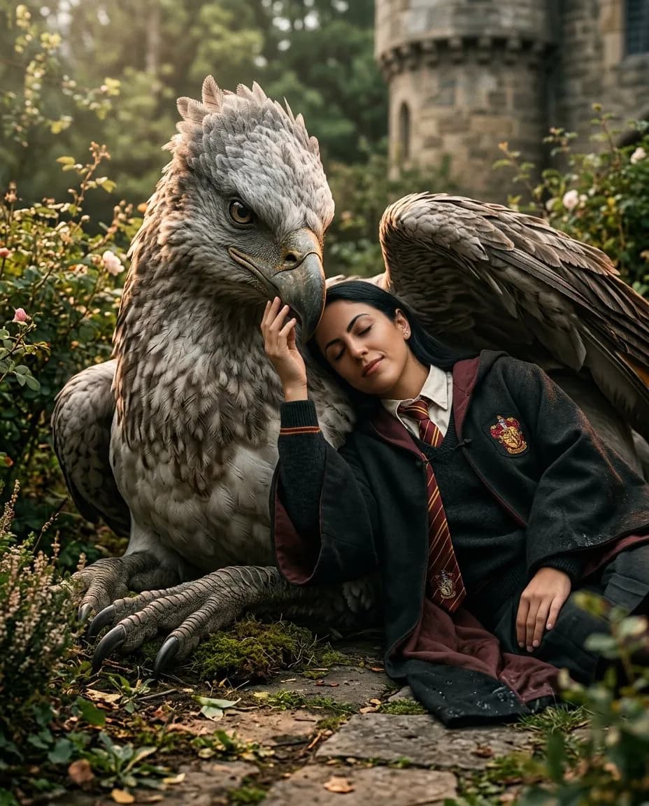 Cinematic Photoreal Portrait: Noble Hippogriff in Gothic Garden