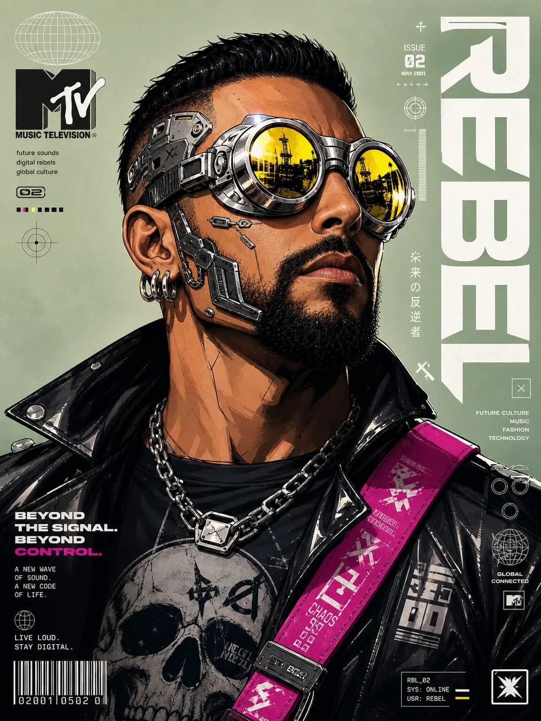 Retro-Futuristic Cyberpunk Magazine Cover, Y2K Editorial