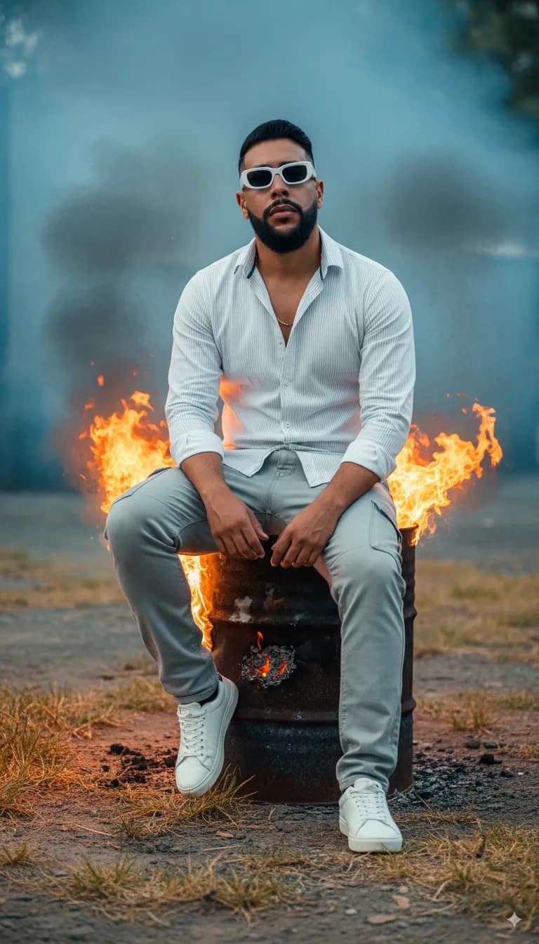 Cinematic Editorial Portrait with Fire and Smoke
