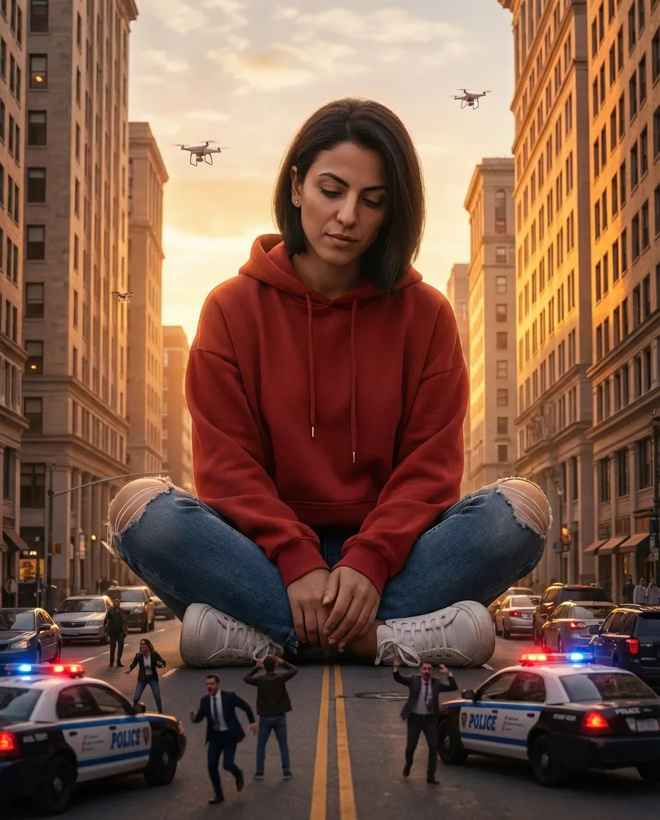 Surreal Cinematic Giant Woman in Urban Sunset, Photoreal