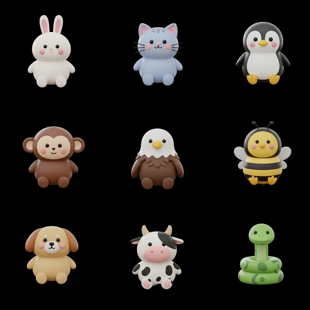 Cute Minimalist 3D Animal Icon Grid