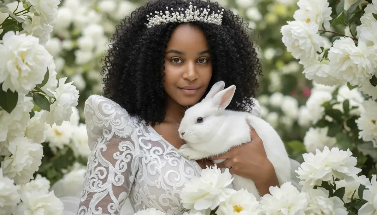 Editorial Fantasy Portrait with Pearl Crown and Rabbit