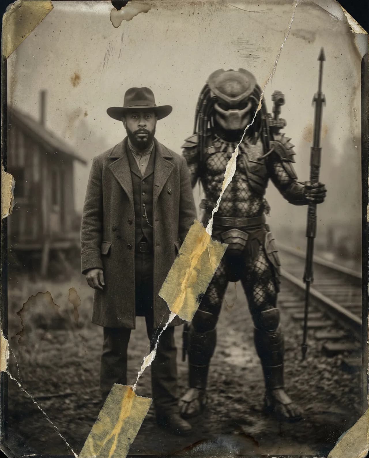 Aged 1870s Historical Photograph with Predator Encounter