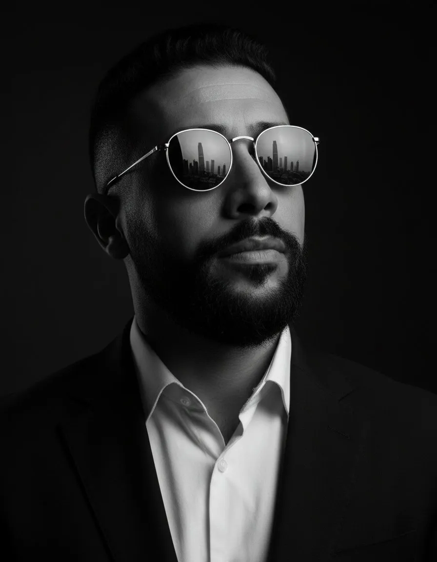 Dramatic Cinematic B&W Close-Up Portrait with Reflective Glasses