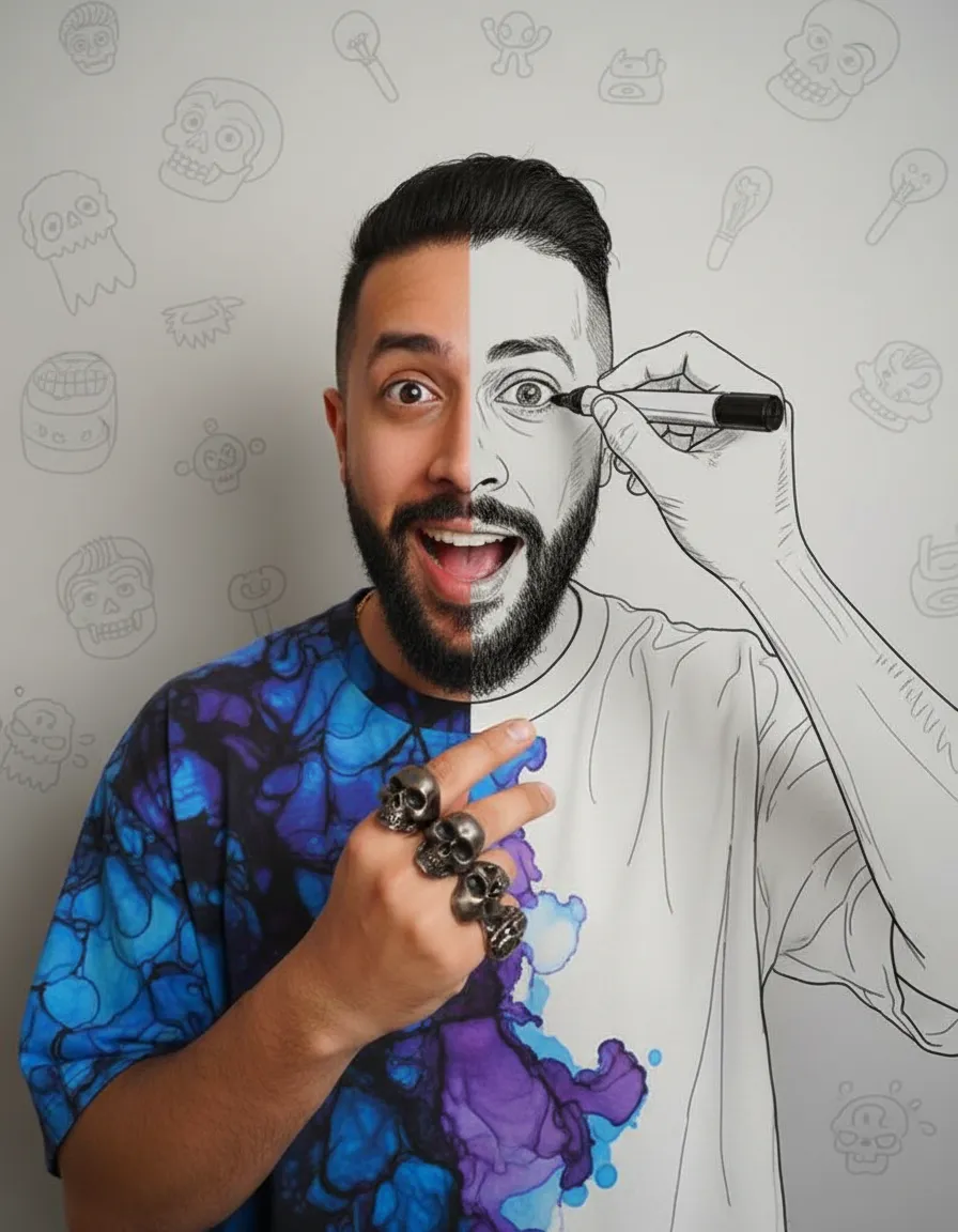 Surreal Half-Real Half-Doodle Self-Creation Portrait