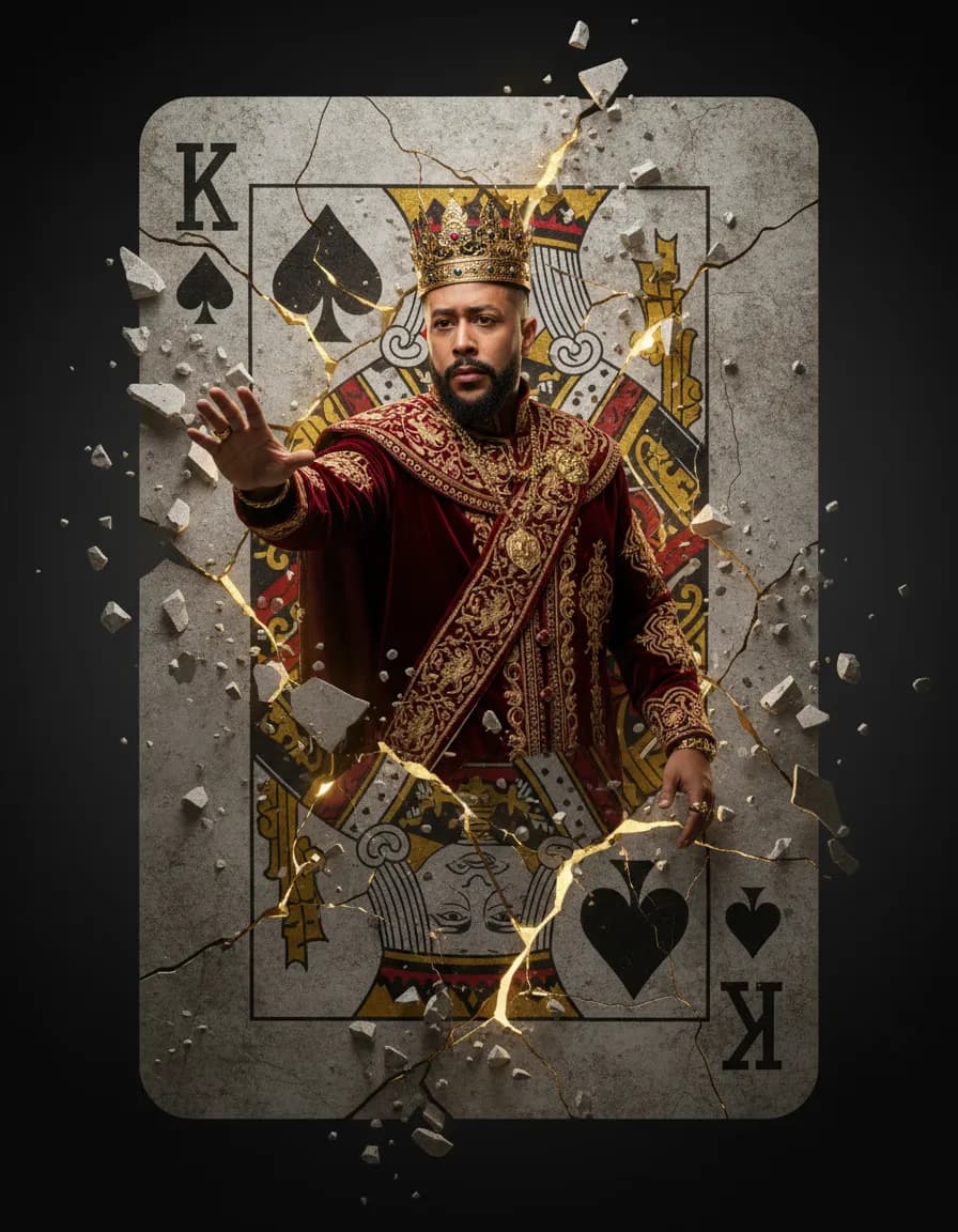 Regal King Emerging from a Cracked Playing Card